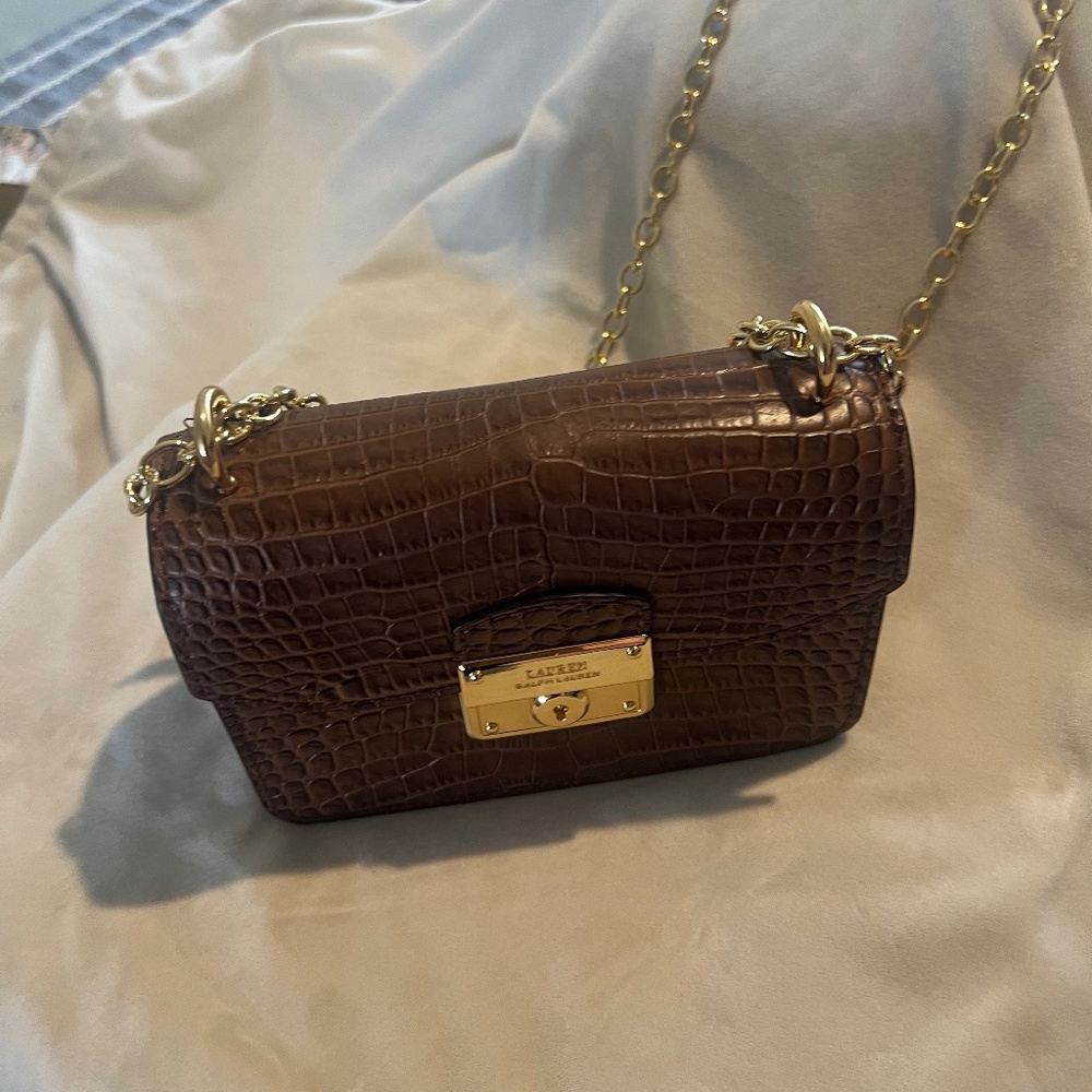 Lauren Ralph Lauren Mini Croc Leather Brown Gold Chained Crossbody